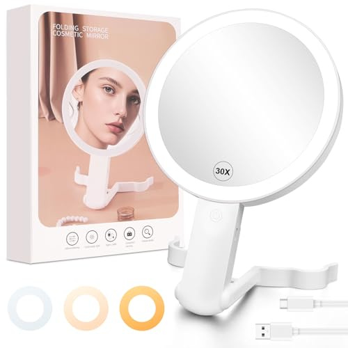 AUAUY Travel Makeup Mirror with Lights, Double Sided 30X/1X Magnifying Mirror, 3 Color Lights, Brightness Adjustable, 360° Free Rotation, Foldable Handheld Makeup Mirrors for Desk, Travel Use (White)