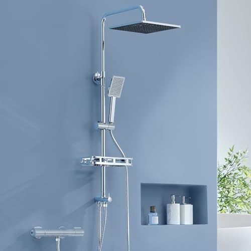 Auralum Colonna Doccia con Mensola Doccia XXL, Colonna Doccia Senza Miscelatore Acciaio Inox Altezza Regolabile 72-110cm, Saliscendi Doccia con Soffione Doccia (Cromo, 25cm*25cm)
