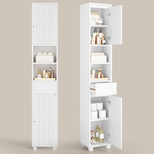 FORABAMB Mueble Baño 30 x 30 x 180 cm, Armario Baño Alto con un Cajón y Estantes Ajustables, Mueble Auxiliar Baño con Diseño Antivuelco, Columna Baño para Usar en Baños, Cocinas y Espacios Reducidos