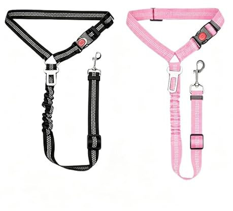2 Stück Anschnallgurt uto Adapter, Elastischer Hundegurt Auto mit Ruckdämpfer, Verstellbarer fürs Auto für Kleine bis Große, Sicherheitsgeschirr Zubehör, Schwarz Rosa.
