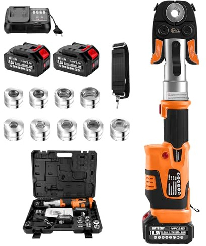 Juego de herramienta de prensado de tubos con batería de 18V con contorno V y contorno TH, prensa eléctrica para tubos de cobre con V15-18-22-28 y TH16-20-26-32, 2 baterías de 5 Ah y cargador rápido