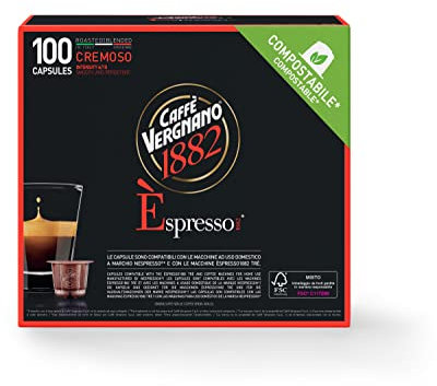 Caffè Vergnano 1882 Èspresso Cremoso, 100 Capsule, Compatibili Nespresso, Compostabili