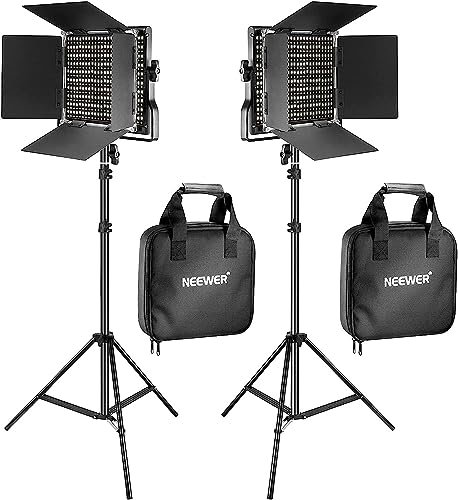 NEEWER 2 Piezas Bi-Color 660 LED de Luz de Vídeo y Kit de Soporte Incluye: (2) 3200-5600K CRI 96 + Regulable Luz con Soporte en U y Barndoor, (2) 75 Pulgadas Soporte de Luz para Fotografía de Estudio