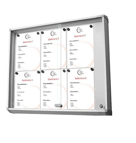 Danieli | Bacheca Magnetica Da Parete Per Interni In Alluminio Ad Ante Scorrevoli In Vetro Temperato Di Sicurezza ESG Per Ufficio E Condominio. Serratura Con Chiavi In Dotazione. (6xA4)