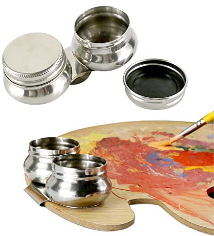 Stainless Steel Palette Cup Silver Large Mouth Double Dipper Palette Cup Portable Double Dipper with Lid Art Oil Pot for Acrylic Oil Painting Watercolor Artists Supplies