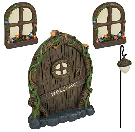 Relaxdays Decoración Árbol Puerta Hada, Set de 4 Piezas, 2 Ventanas, 1 Farolillo, Resistente a la Intemperie, Multicolor