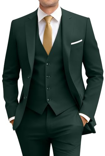 Amyox Men's Slim Fit 3 Piece Suit Two Button Business Wedding Dress Tux Suit Set Jacket Vest Pants with Tie, Dark Green, M