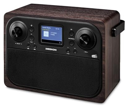 MEDION Radio Dab Plus Life (P66700), Poste Radio réveil avec Horloge 12/24 h, Radio Portable avec boitier en Bois, antenne, Prise Casque et AUX, Marron