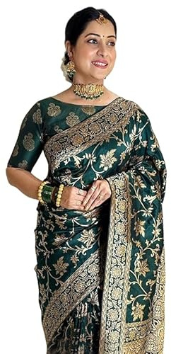 Sugathari Sari Banarasi en soie Kanjivaram pure pour femme Design 2023 Design Wear Pattu Sari en coton avec chemisier pour mariage Sari (Sam Paris S-7), vert foncé, taille unique