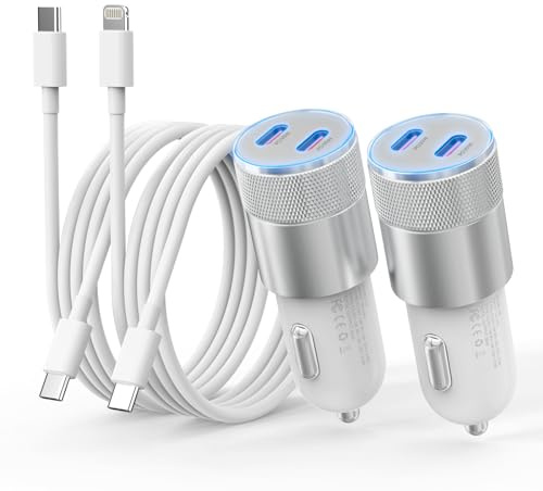 iPhone Car Charger Fast Charging, [Apple MFi Certified] 60W Dual USB-C Power Cigarette Lighter Car Charger+Type-C Cable&Lightning Cable for iPhone 16 15 14 13 12 Pro Plus XS XR iPad, Samsung, Carplay