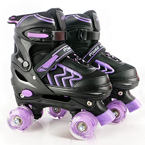 Roller Skates for Kids Adjustable Roller Skates with Light Up Wheels, Fun Illuminating for Boys Girls, Rollerskates for Kids Beginners, Suitable for Indoor Outdoor (Black/Purple, Large/UK 4-7/)