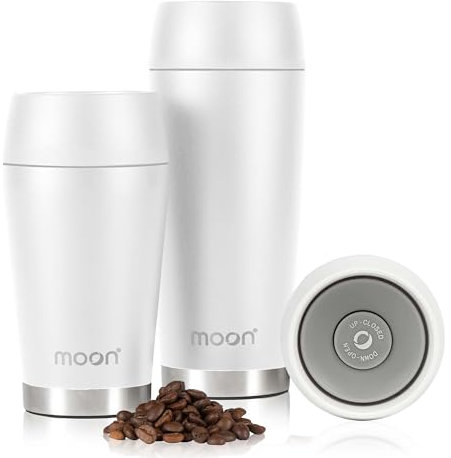 Moon 360° Travel Mug - Leakproof Insulated Coffee Mugs for Hot & Cold Drinks - Thermal Reusable Travel Cups, Fits Car Cup Holders, Free Carry Bag (450ml, White)