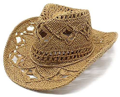 pvucpot Cowboyhut Strohhat Damen Herren Western Cowboy Hut Cowgirl Hüte Panamahut Westernhut Luftiger Sommerhut Sonnenhut Strandhut Texas Hut Leicht Sommerhut Leichter