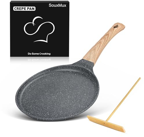 SouxMux Nonstick 8-Inch Crepe Pan with Spreader, Ceramic Coated Dosa Tawa Pan, Induction Compatible Flat Skillet for Pancakes, Omelettes, and More with Cool Handle, PFOA Free