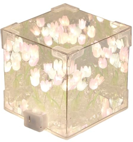 Keenso Luz de Noche de Tulipán, Lámpara de Noche Decorativa LED, Lámpara de Mesa de Flores de Tulipanes de Cubo Mágico DIY para Mujeres y Niñas (Vistoso)
