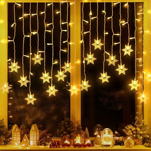 OWill 3.5M Luci natale esterno cascata,tenda luminosa natale esterno fiocco di neve,8 Modalità 96 LED con spina,cascata luci natale per natale finestra stanza festa bianco caldo