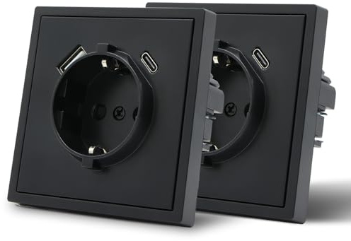 MVAVA Enchufe con USB C,Enchufes pared Con Garfio,Empotrable Estándar,Placa de Mate,Seguridad infantil,1 Enchufe con USB C - 2 Paquetes,80mm Negro
