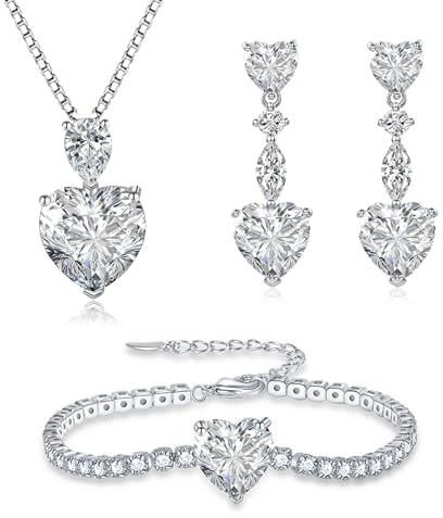 Glintara Silver smyckeset för kvinnor 925 sterlingsilver hjärta halsband örhängen och armband set med 3 st hängen med 45 cm kedja hängen hängen armband hjärta smycken set, 11mm*18.9mm, Sterlingsilver