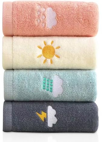 EVDZNA Handtuch, 4 Stück Cartoon Handtuch, 25 x 50cm Cartoon Stickerei Handtücher, Cartoon Wetter Muster Handtuch, Gästetücher Set, Für Heim, Wohnheim(4 Farben)