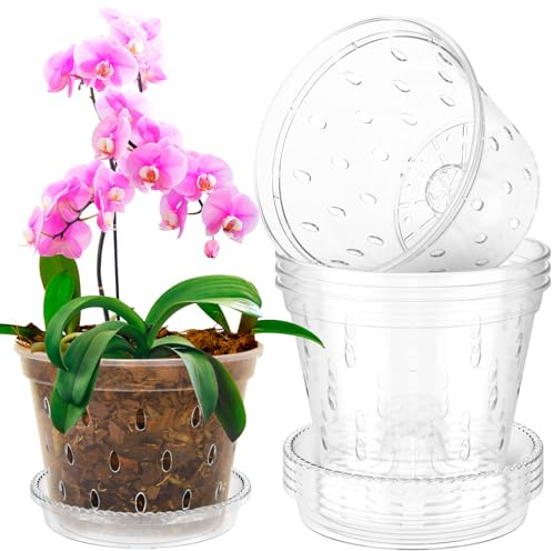 NIHUIFDPY 5Pcs Orchid Pot for Repotting 6 Inch Transparent Slotted Orchid Planter Pots with Holes and Saucers Plastic Clear Nursery Pots for Orchids Repotting Kit(6 inches)