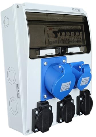RoadEu - Power Distribution Box - 3x 13 Amp Socket and CEE 32Amp, 16Amp Socket 3P - Monophase Wall Combination Sockets with Circuit Breakers and RCD, Includes 32A, 16A and 13Amp MCB