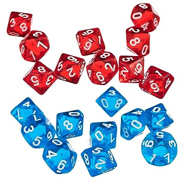 Yourandoll 20 STÜCKE Polyedrische Würfel D10 Dice Würfel Spielwürfel for DND RPG Dungeons & Dragons Brettspiel Kartenspiel (Transparent Rot und Transparent Blau)