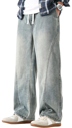 PADOLA Jeans Uomo Gamba Dritta con Vita Elasticizzata e Cordino Pantaloni Denim Lavaggio Usato con Tasche Laterali e Posteriori(XL,Blu Vintage)