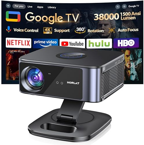 Horlat Videoprojecteur Google TV【38000 Lumens/Netflix Officiel /360° Rotatio】- Projecteur Video 4K Supporté, Contrôle Vocal, WiFi 6 Bluetooth5.2, HDR10, Rétroprojecteur Home Cinéma/Extérieur