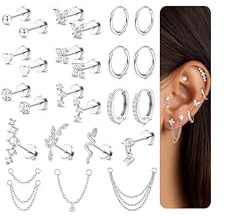 Chriscoco 22Pcs Boucles d'oreilles Femme Acier Inoxydable Piercing Oreille Hypoallergénique Creoles Plaqué Or 14K Boucles d'oreilles Argent Piercing Helix Cartilage Piercings Tragus Conch Daith
