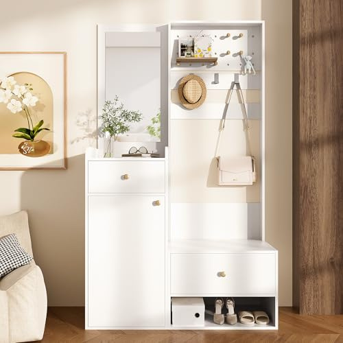 Merax Ensemble de vestiaires, garde-robe compacte, étagère d'entrée multifonctionnelle, avec miroir, armoire à chaussures, banc et crochets réglables, meuble de couloir, blanc, 105 x 38 x 180 cm