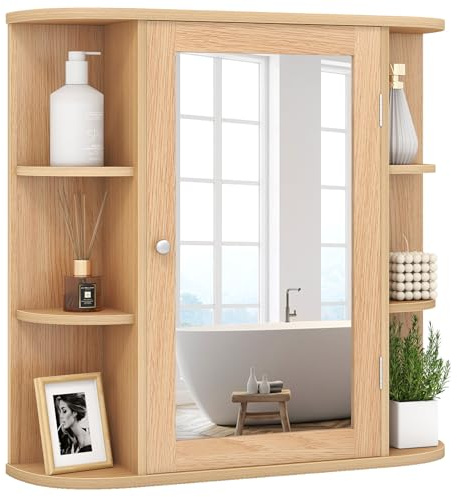 COSTWAY Specchio Bagno Contenitore 66 x 17 x 63 cm, Mobile bagno in Legno Appeso con Mensole Regolabili e Ante, Armadietto Multiuso dei Medicinali per Bagno, Salone e Cucina (Naturale)