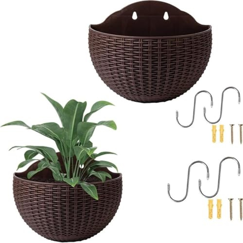 Generico 2 Pezzi Vaso Da Fiori Sospeso A Parete In Finta Rattan, Vasi Da Fiori Da Appendere Alla Parete Semicerchio, Portapiante Fioriere A Muro Con Foro Di Drenaggio E Ganci Per Recinzione Balcone