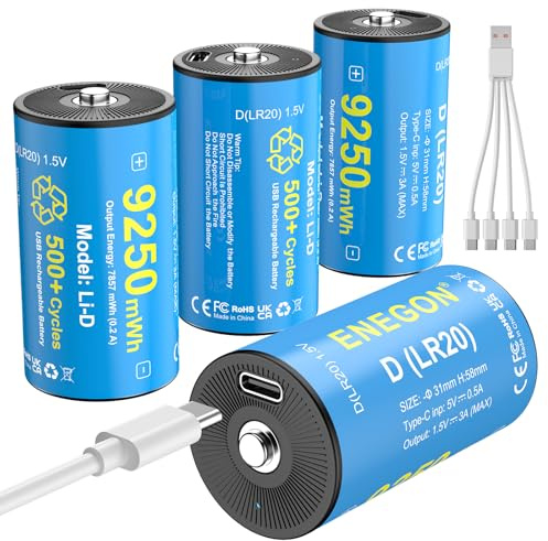 ENEGON Paquete de 4 pilas D recargables – 1,5 V 9250 mWh de litio LR20 con función de carga USB-C para iluminación, juguetes y exteriores