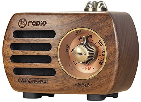 Portable Radio Retro, Wooden FM Radio Small, Transistor Radio Rechargeable with Vintage Style, Bluetooth Radio with High Sound Quality Bass Speaker, Support AUX by PRUNUS R-818 (walnut wood)