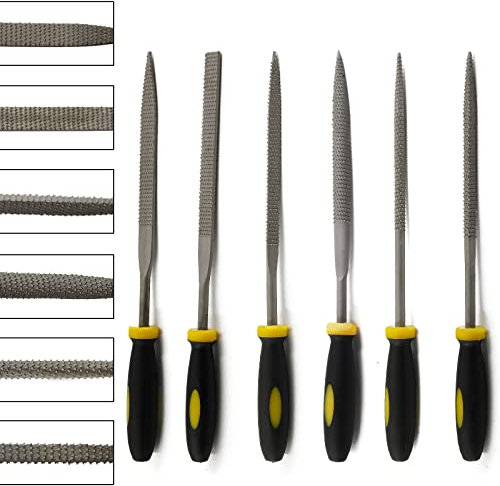 Bivethoi Metallfiler, set med 6, kolstål rasp med halkfri TPR gummerat handtag för trä, metall, slipning – platt, fyrkantig, triangel, cylinder, kon, halvrund