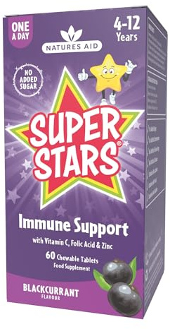 Natures Aid Super Stars Immune Support Chewables for Kids Aged 4-12 – Vitamin C, Zinc, Elderberry & Folic Acid – Supports Immunity, Growth & Energy – Natural Fruit Flavour, Vegan – 60 Tablets