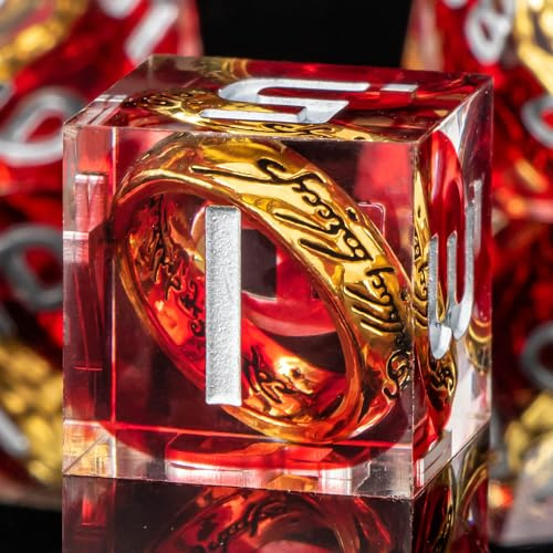 OUKELANWO Magic Lord Rings – Lot de 7 dés DND en résine avec boîte, dés LOTR D&D pour jeu de rôle, Donjons rouges, Dragons D et D à bords tranchants D20 D12 D10 D8 D6 D4