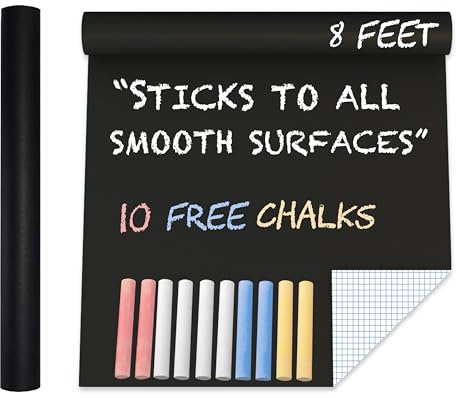 Extra Large Chalkboard Adhesive Vinyl Roll (8 FEET) 10 Chalks Included - Peel & Stick Chalkboard Wallpaper for Home & Office - Alternative to Permanent Paint