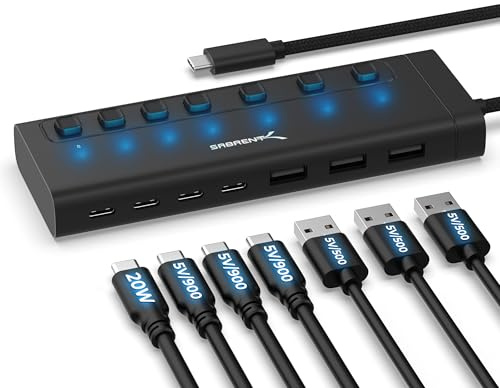 SABRENT Powered USB Hub, USB Hub Powered Docking Station USB Splitter, 7-Port 48W Powered USB C Hub with Switches (HB-3A4C)
