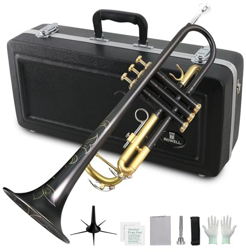 ROWELL Bb Trumpet Professional Trumpets for Adult Standard Trumpet Set for Beginner Student Brass Trunpet with Deluxe Hand Case,7C Mouthpiece,Cloth,Gloves,Trumpet Stand (Nickel Black)