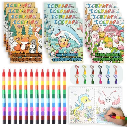 ICEPAPA, 12 livres de coloriage enfant et 12 crayons de cire (12 couleurs en 1), parfaits pour les lots cadeau anniversaire et mariage