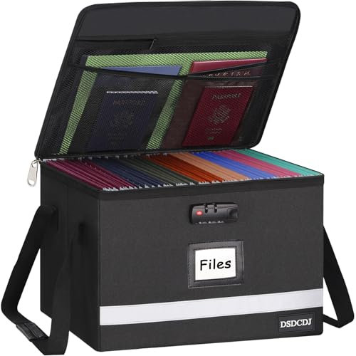 DSDCDJ File Box with Lock - Portable File Organizer Box with Handle, Sturdy Important Document Organizer with Label, Slide, Reflective Strip for Hanging Letter/Legal Folder