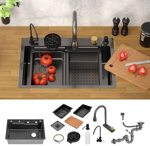ML-Design Évier Cuisine 68x46 cm Anthracite Acier Inoxydable Multifonction Rectangulaire Encastrable avec Robinet Extractible Distributeur de Savon Accessoires Simple Bac Lavabo Moderne Pratique