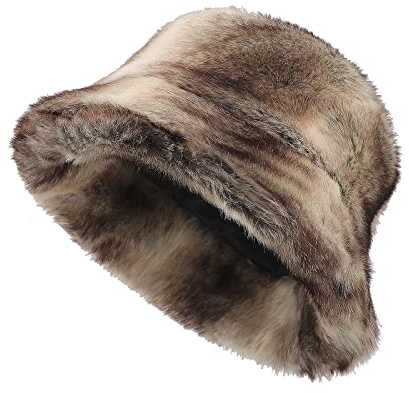 JIAHG Women Winter Warm Bucket Hat Furry Faux Fur Wide Brim Bucket Hats Soft Plush Thick Hats Outdoor Windproof Fuzzy Cap for Spring Casual Travel (UK, Alpha, One Size, Brown)