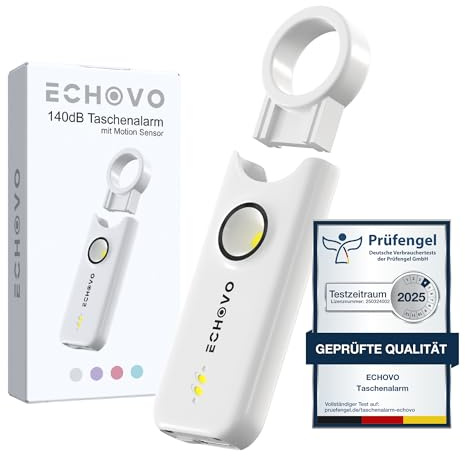 ECHOVO Taschenalarm 140 dB mit LED - Selbstverteidigung für Frauen & Kinder, Schlüsselanhänger mit Alarm, sehr laut Schrillalarm, Handsirene, Abwehr & Selbstschutz für unterwegs zur Sicherheit (Weiß)