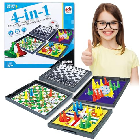 Saijer Serpientes y escaleras, juegos de viaje 4 en 1, colección de juegos de ajedrez magnéticos, juegos de mesa multifuncionales portátiles para niños