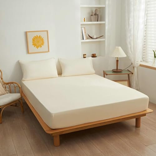 Ayoiow Bettlaken 200x140cm, Spannbettlaken Polyester Einfarbige Farbe Spannbettlaken Matratzenhöhe Bis 30cm Creme Beige