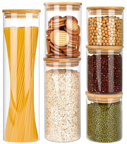Aevcvok 6 Bocal en Verre avec Couvercle, 1330ml/830ml/530ml/2x430ml/330ml, Bocaux en Verre Hermétique, Pot en Verre avec Couvercle en Bambou, Bocaux Rangement Cuisine pour Spaghetti, Pâtes, Céréales