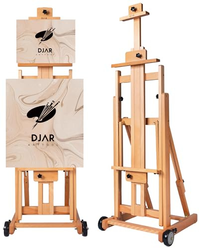 DJAR Grand Chevalet d'Atelier en H, Chevalet de Sol Robuste et Réglable en Bois de Hêtre, Inclinable à Plat, Pour 1 ou 2 Toiles jusqu'à 198 cm, Naturel