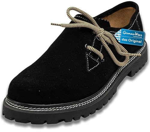 German Wear Haferlschuhe Trachtenschuhe Original Handmachart Trachten Lederschuhe aus Wildleder Echtleder Schuhe mit 2X Schnürsenkel, Negro , 47 EU